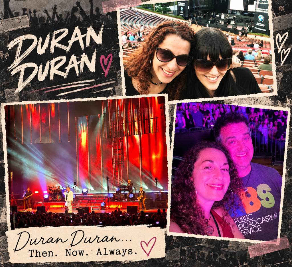 Collage of Wendi at Duran Duran concerts over the years with friends and Dan, alongside photos of the band performing live.