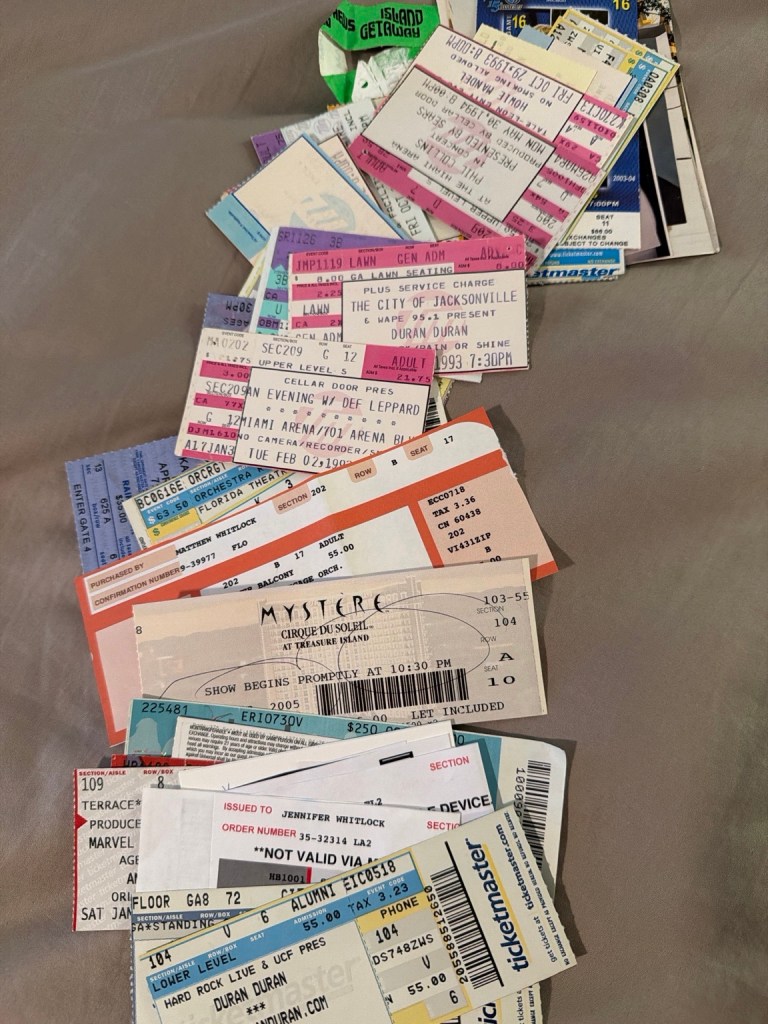 Collection of Wendi’s saved concert ticket stubs from shows spanning several decades.