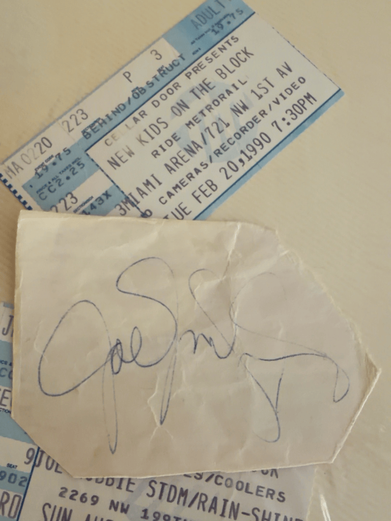 Joey McIntyre autograph displayed with Wendi’s New Kids on the Block concert ticket from 1990.