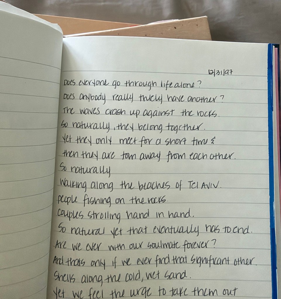 A handwritten journal entry from December 1997 reflecting on life and relationships while Wendi walked along the beach in Tel Aviv, Israel.