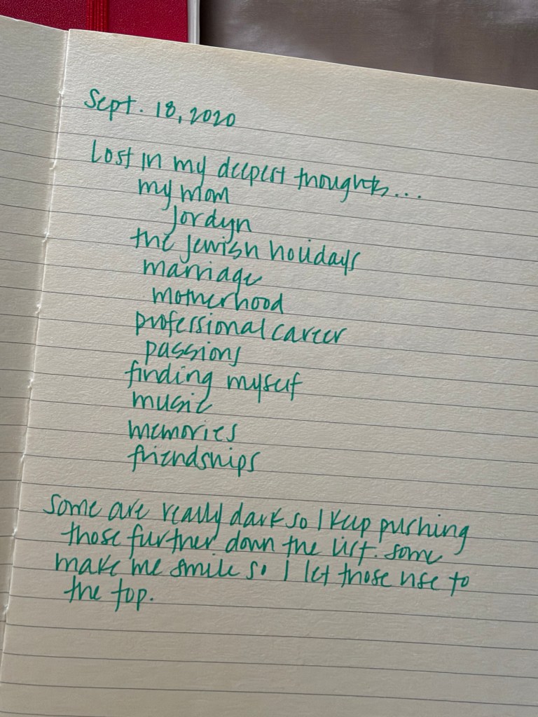 A colorful handwritten journal page from September 2020 titled “Lost in my deepest thoughts,” with reflections on family, career, memories, passions and finding herself.
