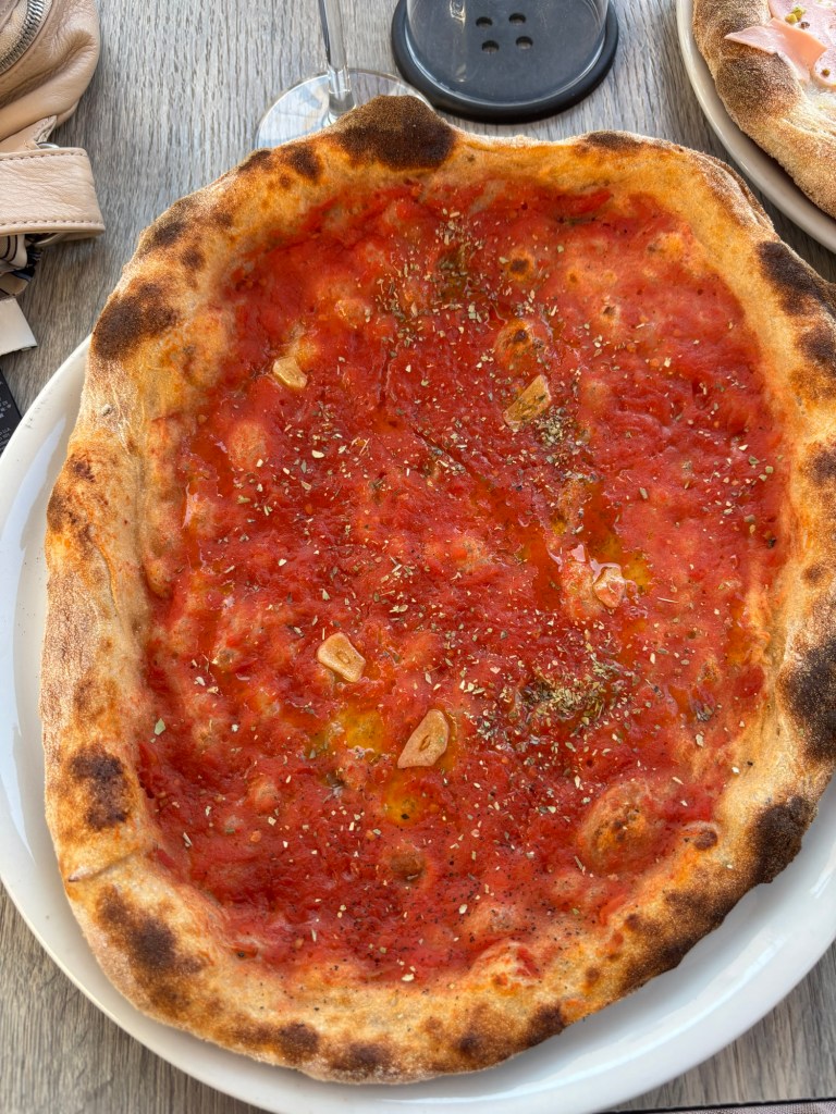 Thin-crust pizza topped with tomato sauce, sliced garlic, and dried herbs, with a blistered golden crust.