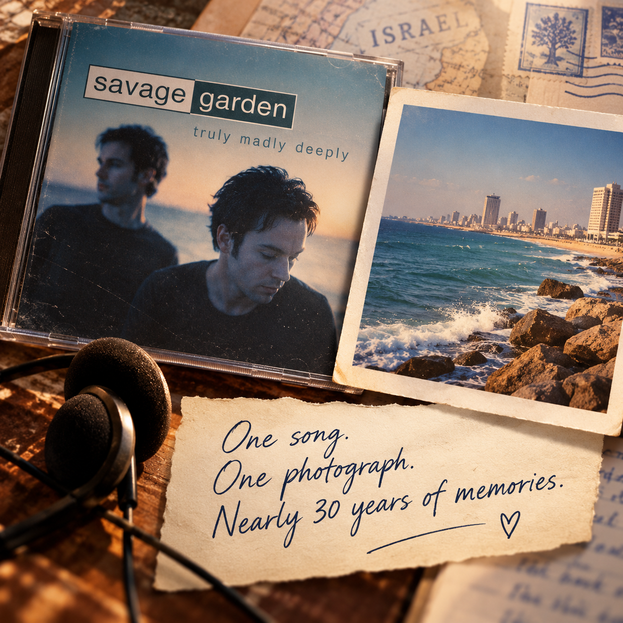 Nostalgic Savage Garden Truly Madly Deeply graphic with a seaside photograph and the words One song. One photograph. Nearly 30 years of memories.