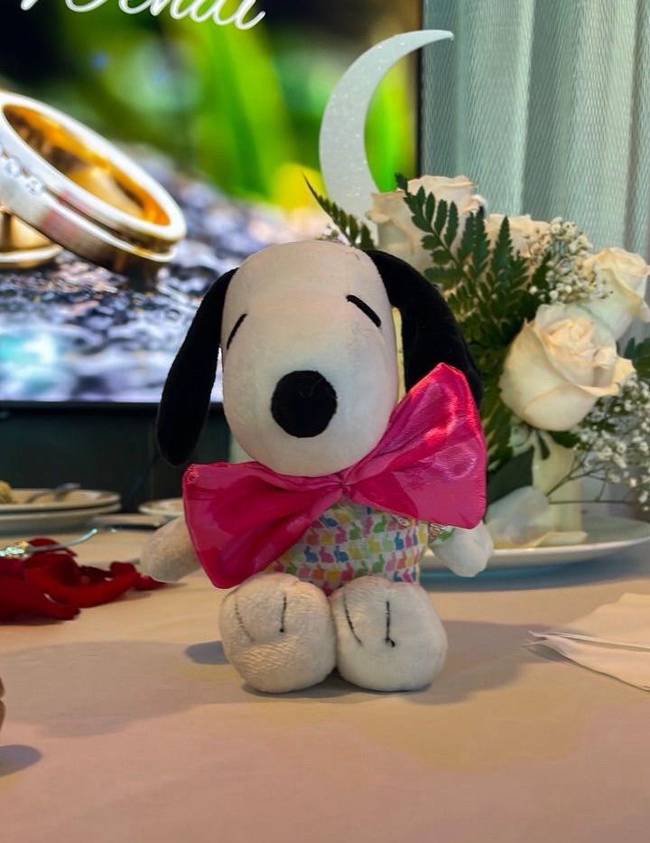 Traveling Snoopy dressed for Wendi and Dan’s wedding, wearing an oversized pink bow tie while sitting among the wedding decorations.